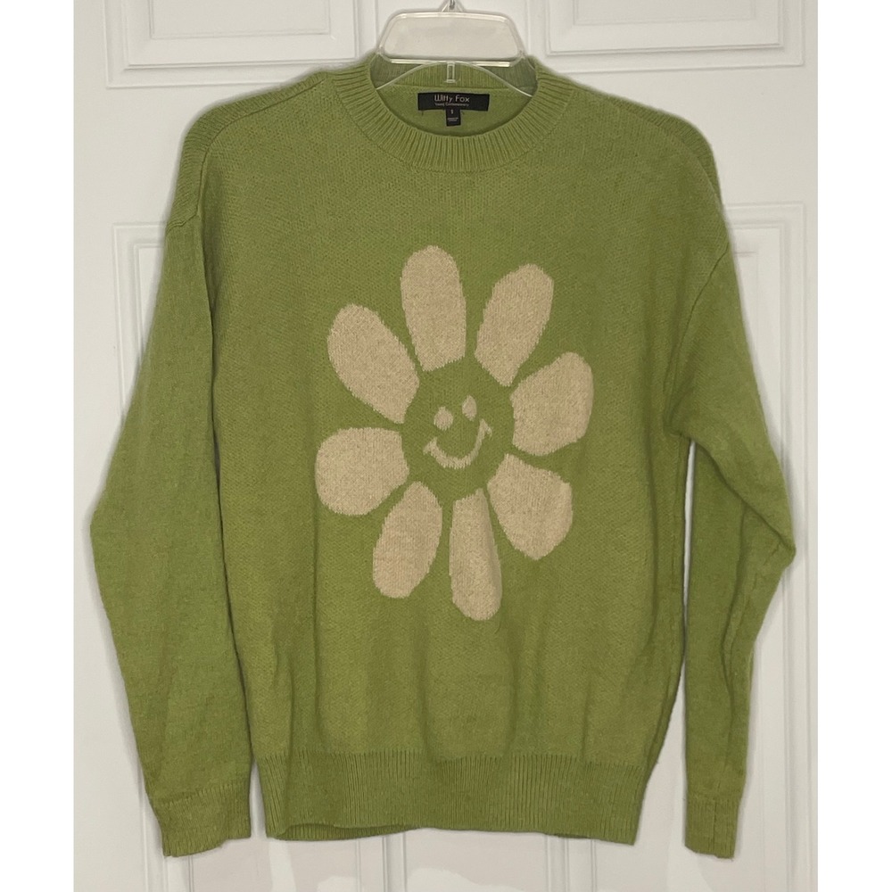 Witty Fox Women's Small Green Smiley Face Flower Knit Sweater Crew Neck